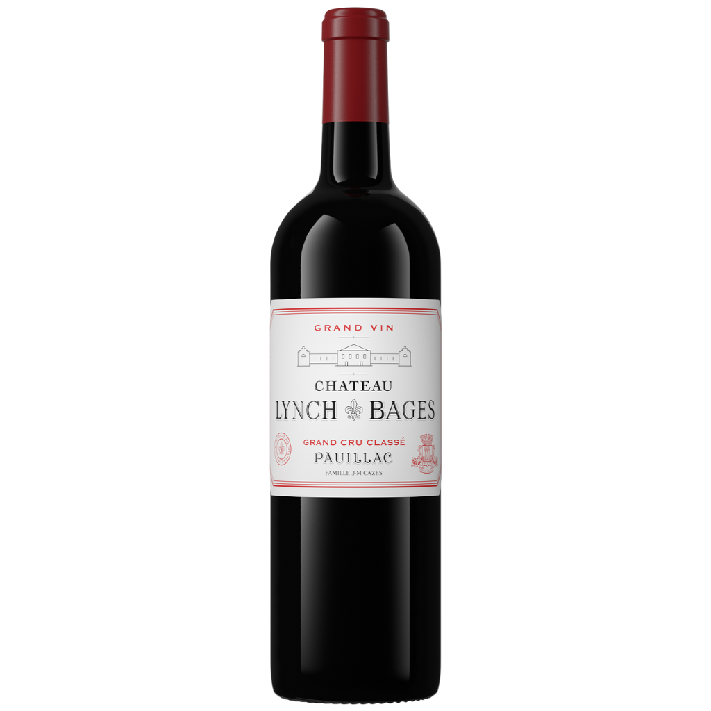 A bottle of Chateau Lynch Bages Grand Cru Classe Pauillac red wine with a minimalist white label.