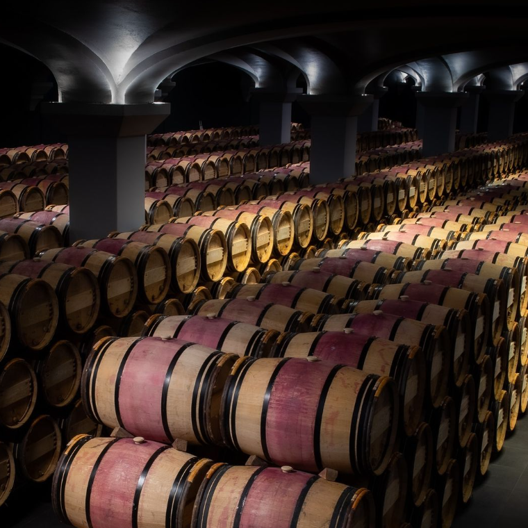 Château Margaux’s wine cellar, where Bordeaux’s legendary wines age in oak barrels.