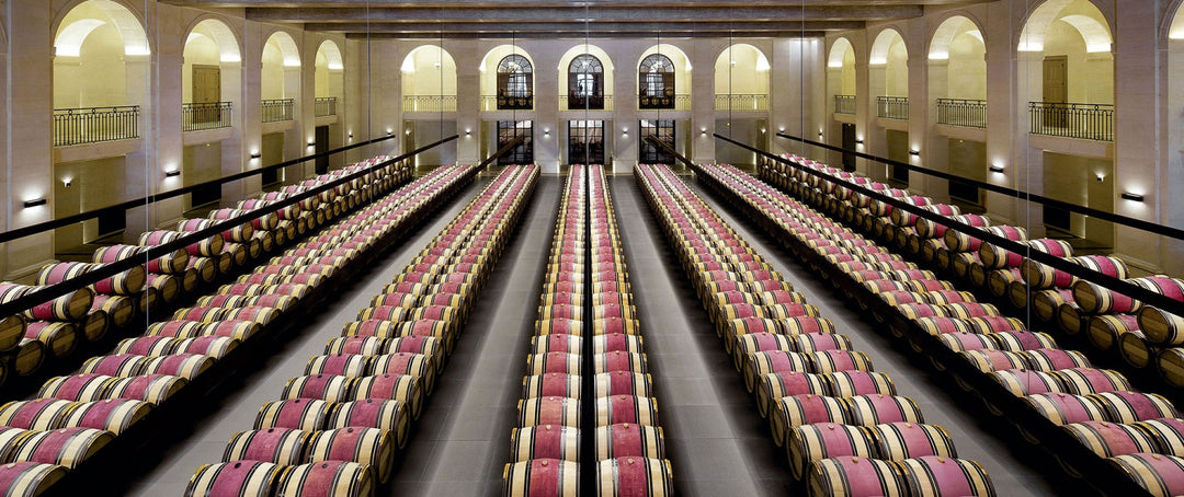 Château Montrose wine barrel cellar with neatly arranged oak barrels under elegant archways.