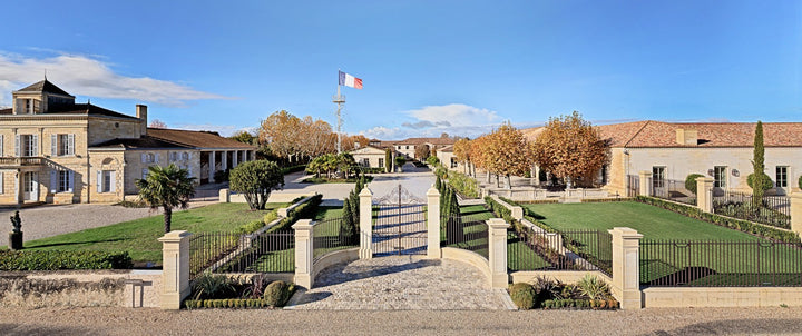 A scenic view of Château Montrose estate with lush gardens and a French flag waving in the background.