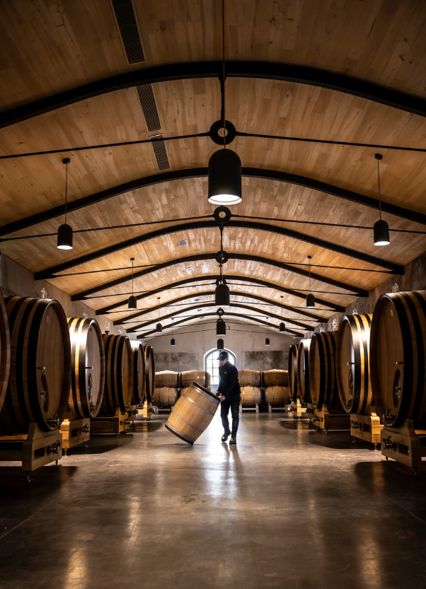 A beautifully designed wine barrel cellar at Château Palmer, highlighting traditional aging methods.