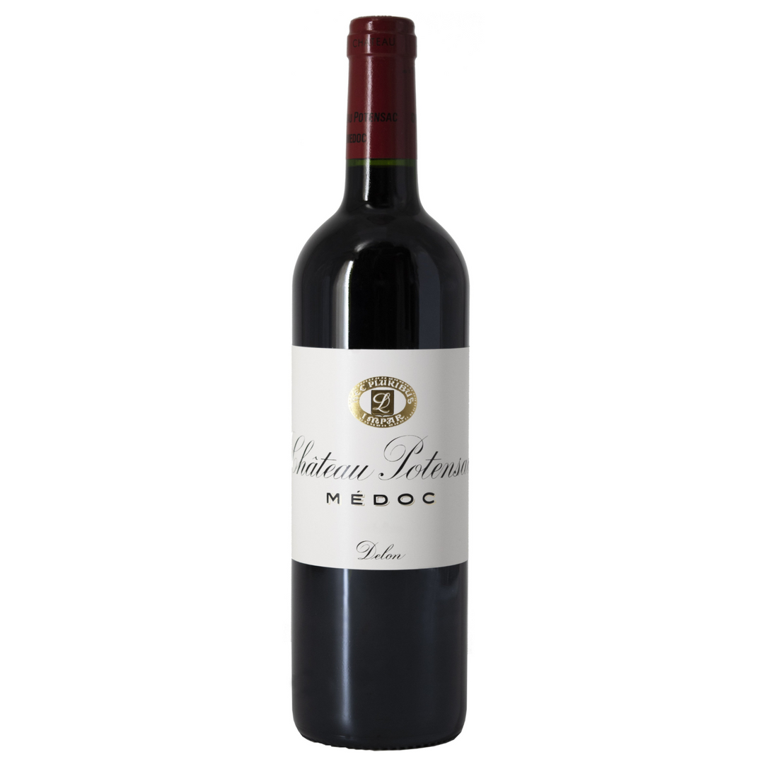 A bottle of Château Potensac Médoc, a classic Bordeaux red wine, showcasing its elegant label and deep red capsule.