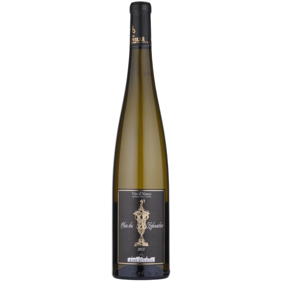 Bottle of Clos de Zahnacker 2013 Alsace white wine from Ribeauvillé, featuring a tall, elegant design with a black and gold label.