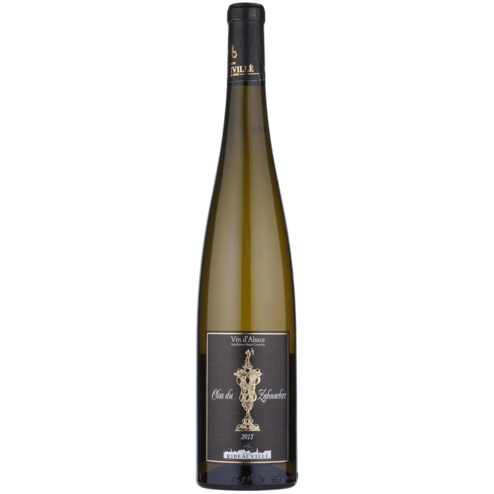 Bottle of Clos de Zahnacker 2013 Alsace white wine from Ribeauvillé, featuring a tall, elegant design with a black and gold label.