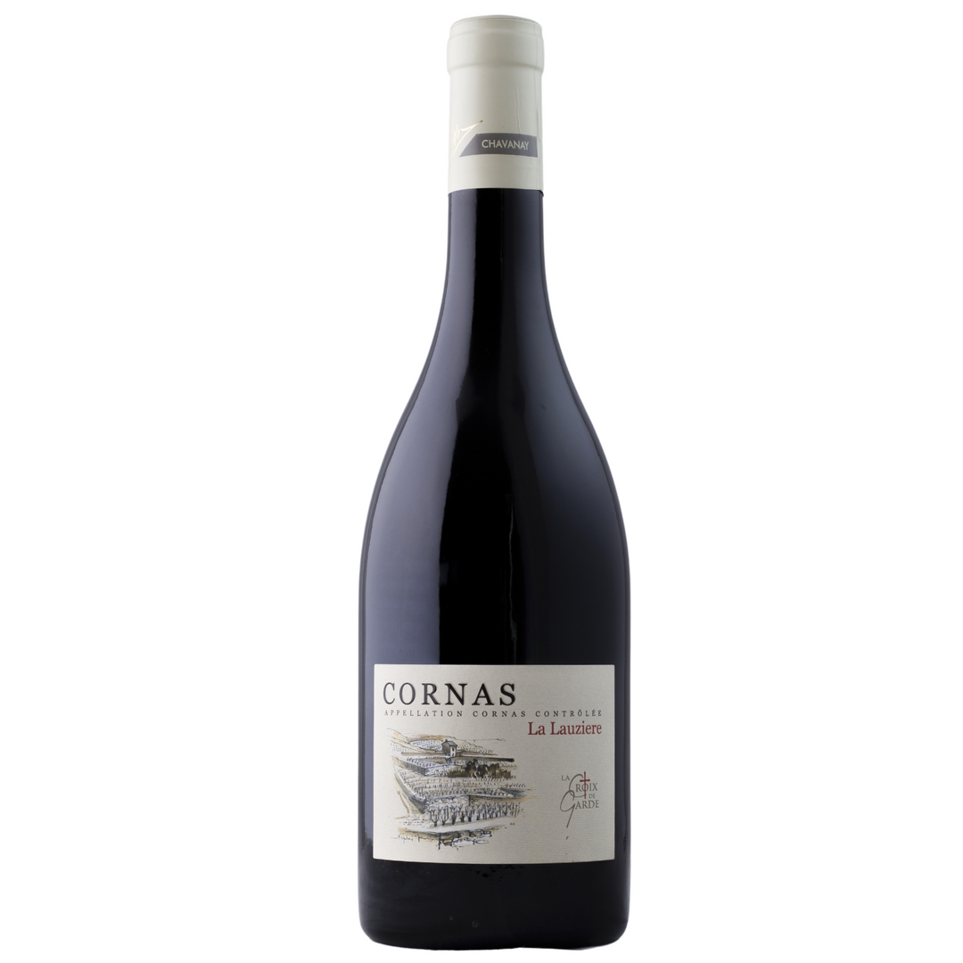 Bottle of Cornas La Lauzière Croix de Garde red wine, showcasing a premium Syrah with deep flavors of black fruits, spices, and earthy undertones.