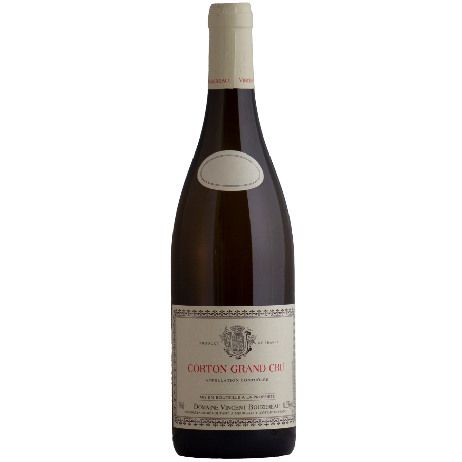 A bottle of Corton Grand Cru from Domaine Vincent Bouzereau, showcasing premium Burgundy wine with a cream label and elegant design.