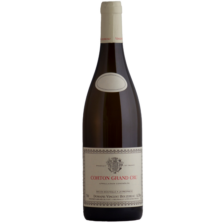 A bottle of Corton Grand Cru from Domaine Vincent Bouzereau, showcasing premium Burgundy wine with a cream label and elegant design.