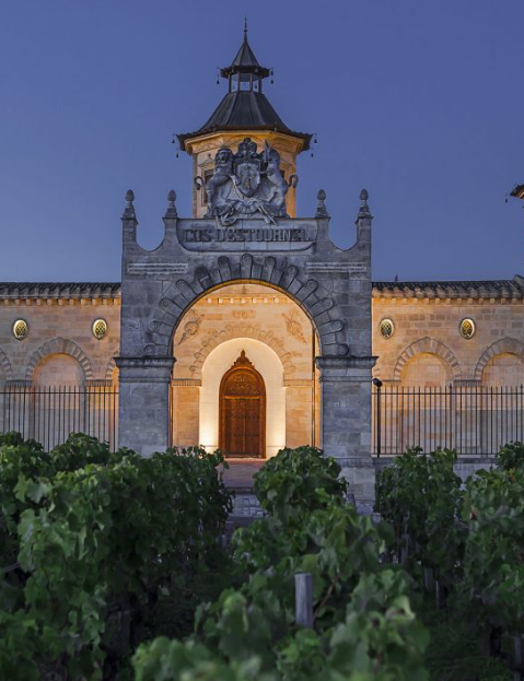 The illuminated entrance arch of Cos d'Estournel at night, surrounded by lush vineyards.