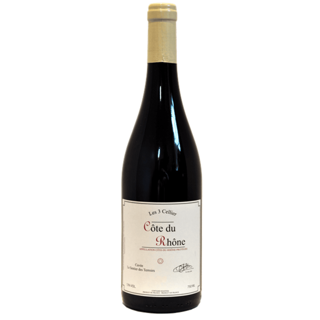 Bottle of Côte du Rhône wine by Les 3 Cellier, showcasing its elegant label design.