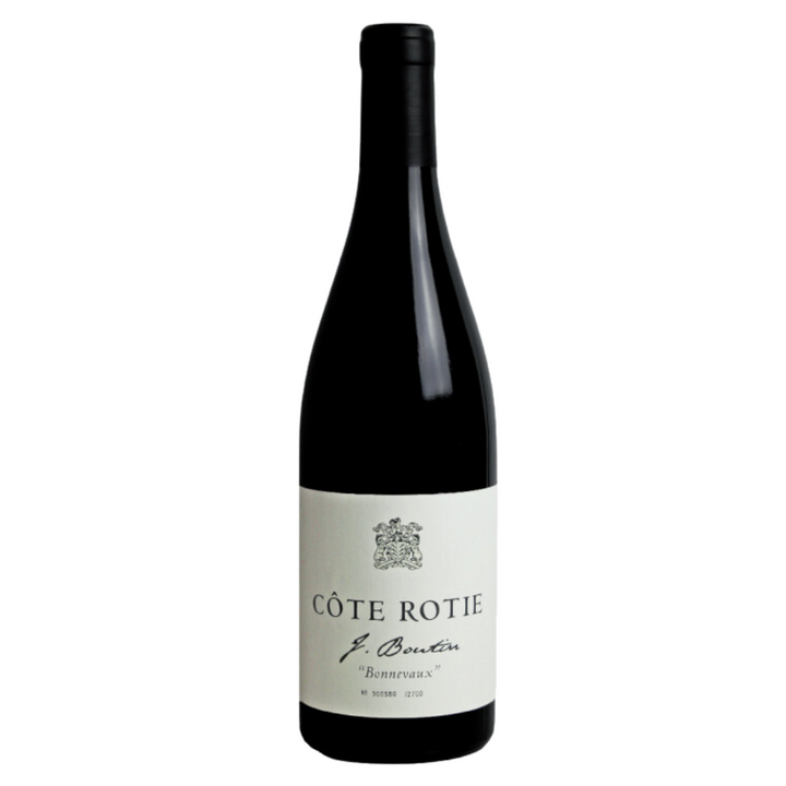 Bottle of Côte Rôtie J. Boutin Bonneveaux 2022 wine with a minimalist white label featuring elegant black text and crest emblem, displayed on a white background.