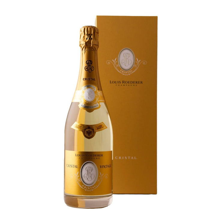 Louis Roederer Cristal Champagne bottle with gift box.