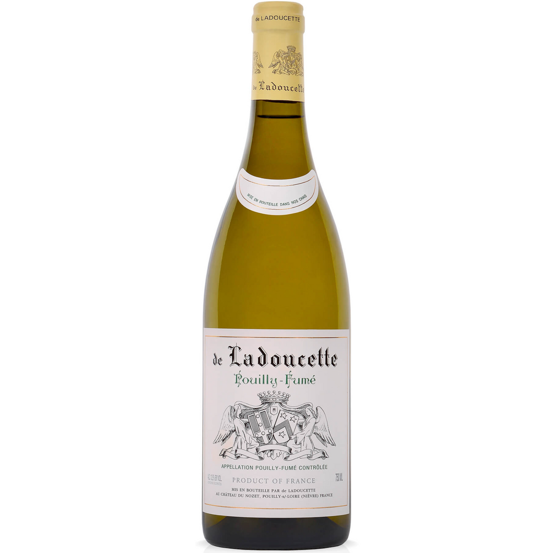 A bottle of De Ladoucette Pouilly-Fumé, a refined Loire Valley Sauvignon Blanc with smoky minerality, citrus zest, and crisp acidity, perfect for seafood pairings.