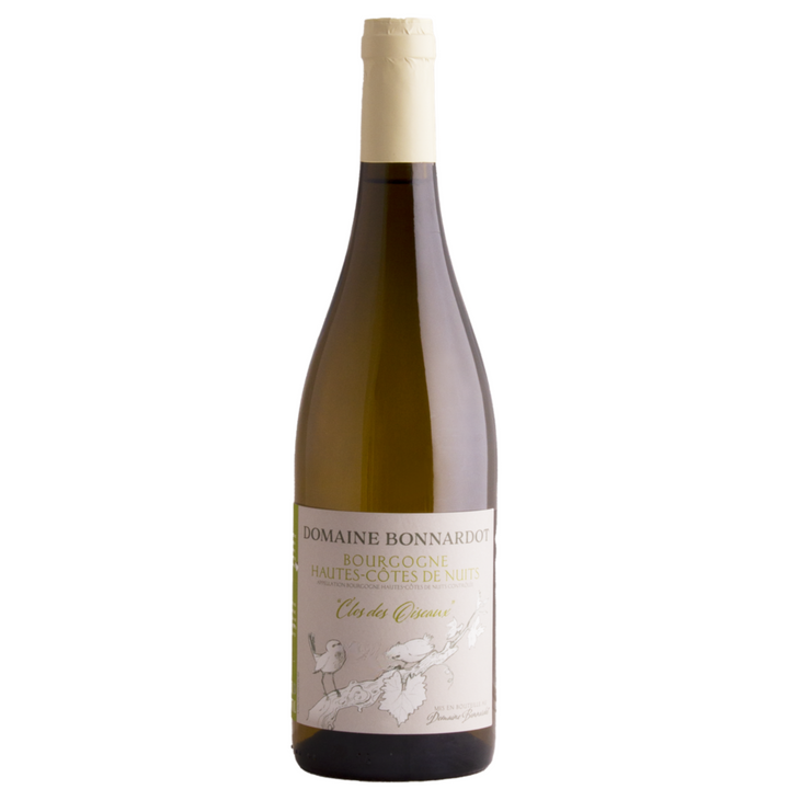 Bottle of Domaine Bonnardot Clos des Oiseaux Chardonnay, an organic white wine with floral, fruity notes, and hints of oak from Bourgogne.