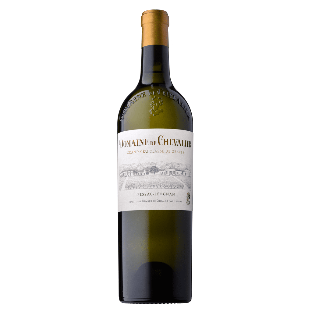 A bottle of Domaine de Chevalier Blanc, a Grand Cru Classé de Graves white wine from Pessac-Léognan.