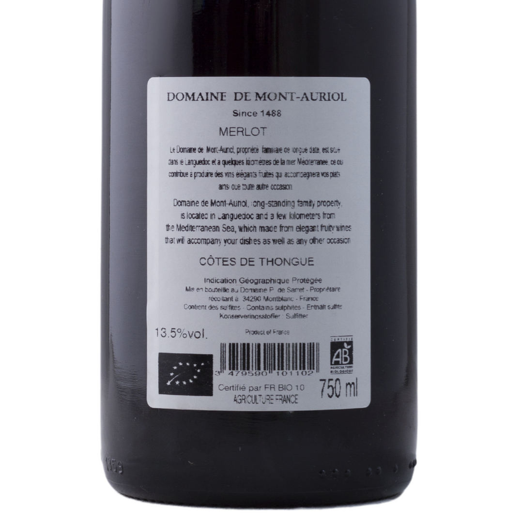 Domaine de Mont-Auriol Merlot bottle back view, showing detailed label information, including the origin from Côtes de Thongue and certification as organic wine.