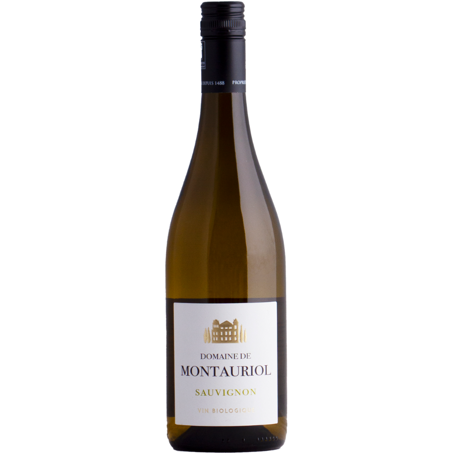 A bottle of Domaine de Montauriol Sauvignon, a certified organic white wine with a fresh and elegant label design.