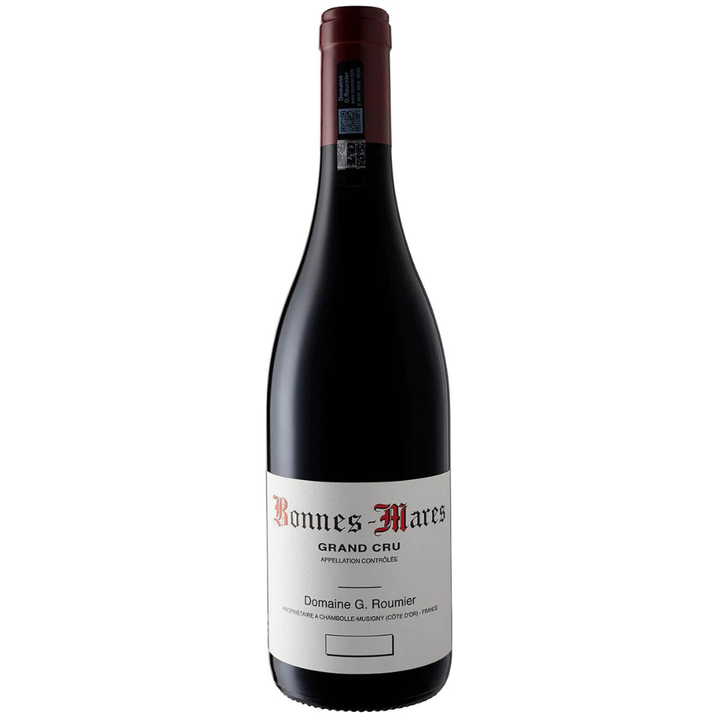 Bottle of Domaine G. Roumier Bonnes-Mares Grand Cru red Burgundy wine.