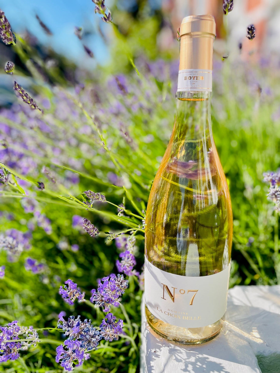 Domaine La Croix Belle N°7 Rosé wine bottle in a lavender garden