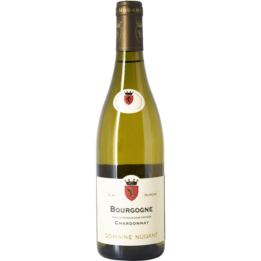 Bottle of Domaine Nudant Bourgogne Chardonnay 2017 with a golden label on a white background.