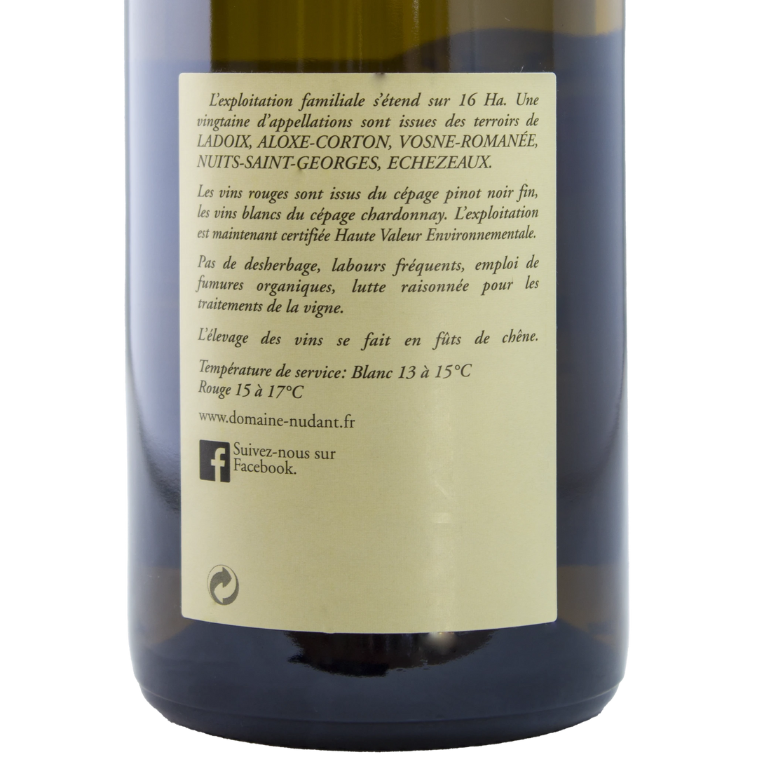 Back label of Domaine Nudant Ladoix Blanc wine bottle with vineyard details.