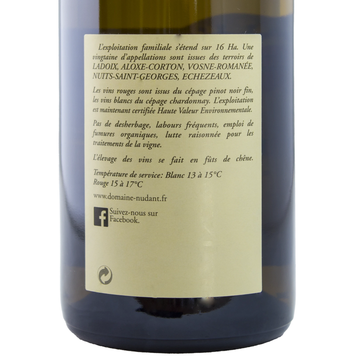 Back label of Domaine Nudant Ladoix Blanc wine bottle with vineyard details.