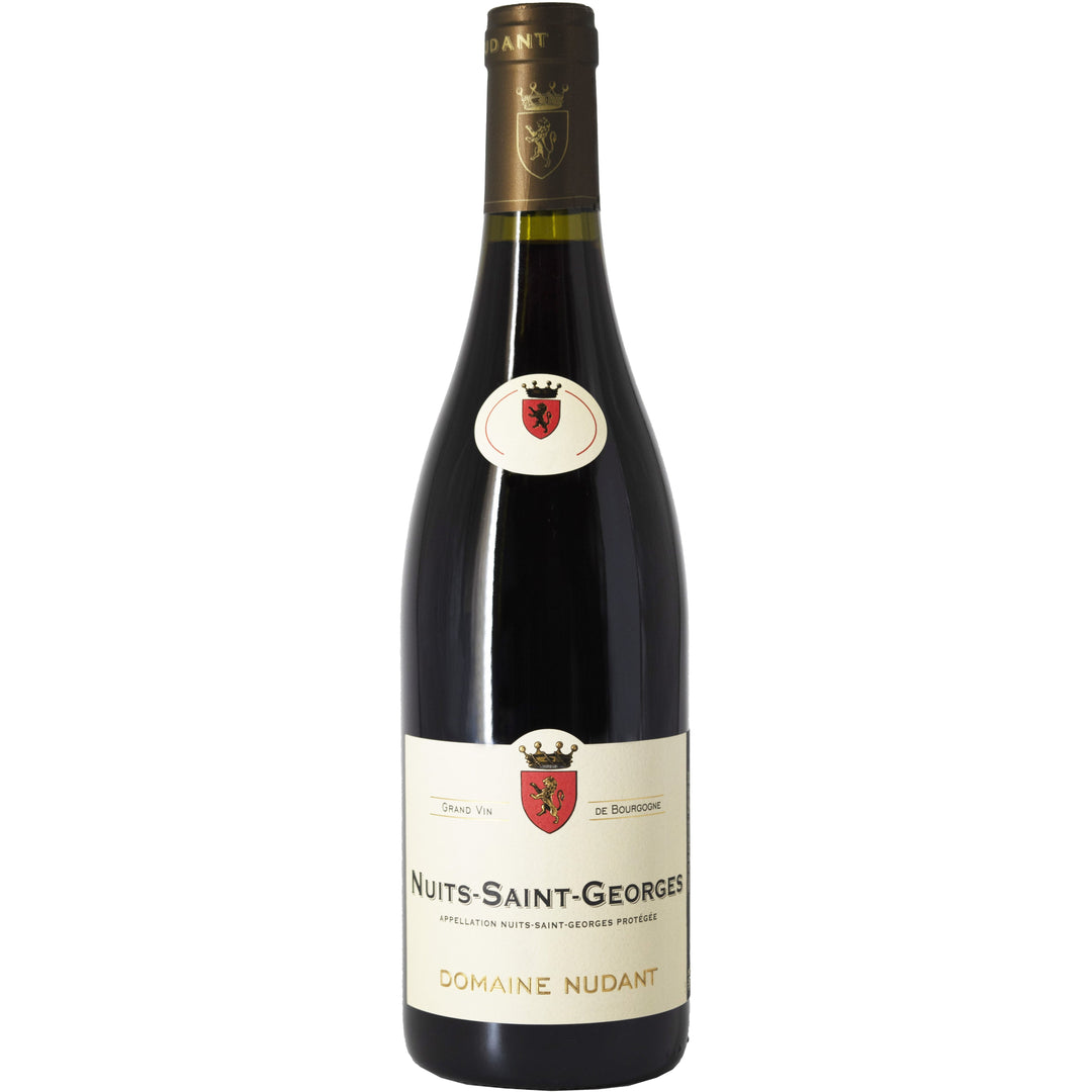 A bottle of Domaine Nudant Nuits-Saint-Georges red wine showcasing the label and elegant Burgundy design.