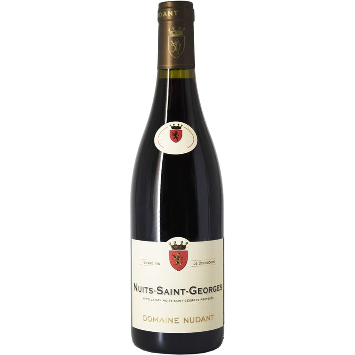 A bottle of Domaine Nudant Nuits-Saint-Georges red wine showcasing the label and elegant Burgundy design.