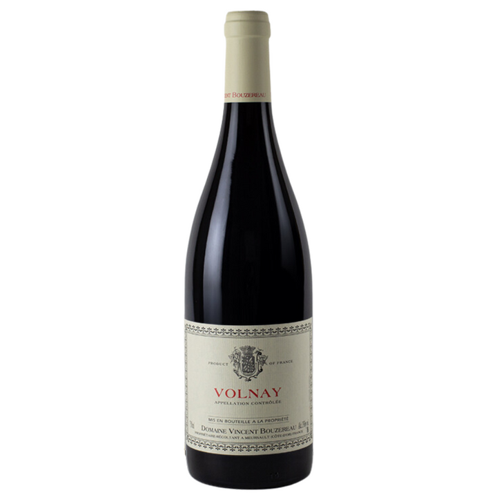 A bottle of Domaine Vincent Bouzereau Volnay 2022, showcasing its elegant label and Burgundy red wine heritage.