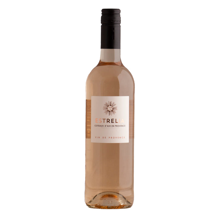 A simple and elegant bottle of Estrelia Rosé wine from Provence against a white background.