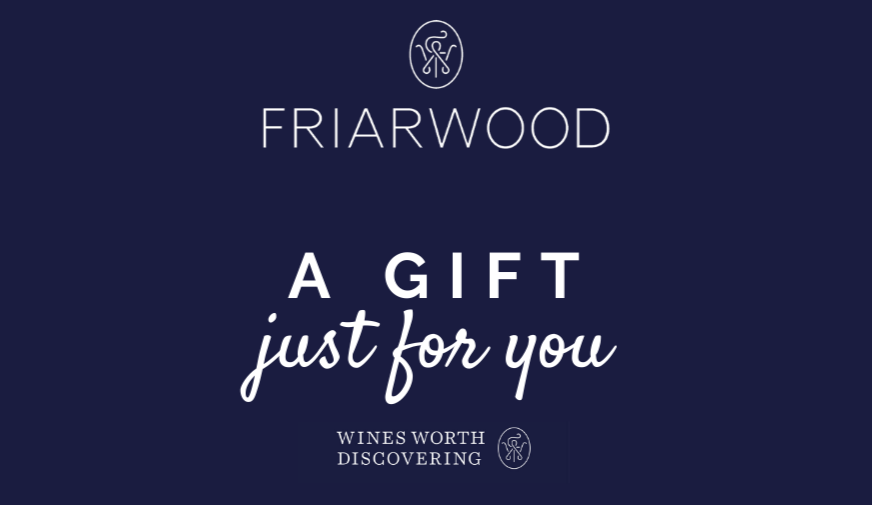 A Friarwood gift card design featuring the text "A Gift Just for You" on a navy blue background, with the tagline "Wines Worth Discovering" and the Friarwood logo.