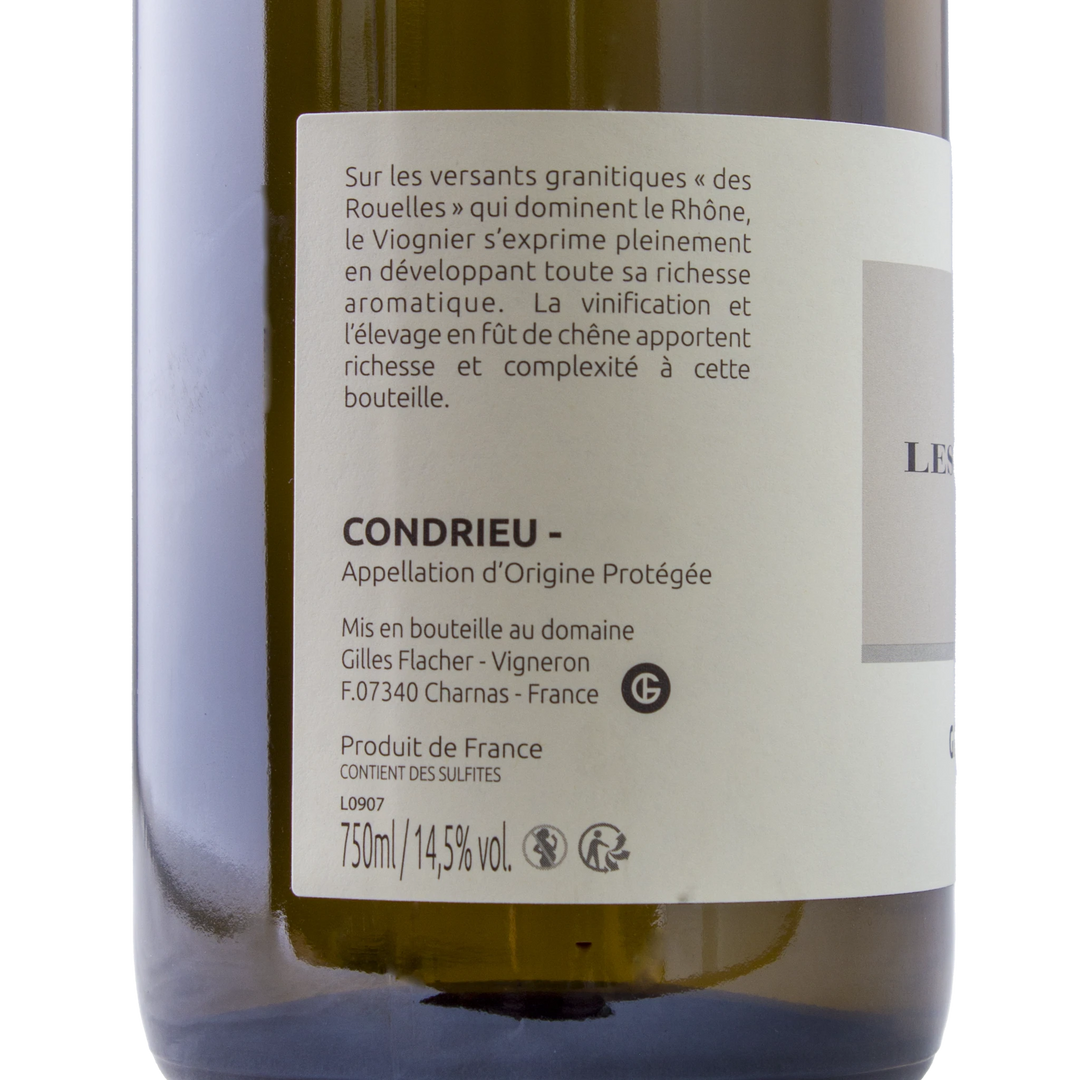 Back label of Gilles Flacher Condrieu Les Rouelles white wine, detailing the wine's origin, production notes, and appellation.