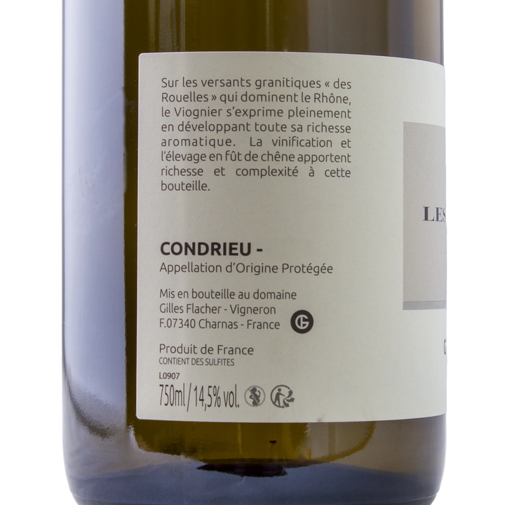 Back label of Gilles Flacher Condrieu Les Rouelles white wine, detailing the wine's origin, production notes, and appellation.