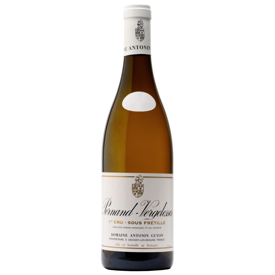 A bottle of Domaine Antonin Guyon Pernand-Vergelesses 1er Cru Sous Frétille, showcasing its elegant white wine label and design.