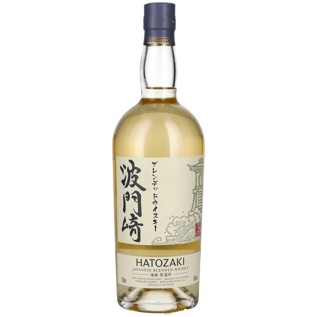 Hatozaki Japanese Blended Whisky 70cl bottle, showcasing a traditional Japanese design with soft golden tones and elegant labelling.