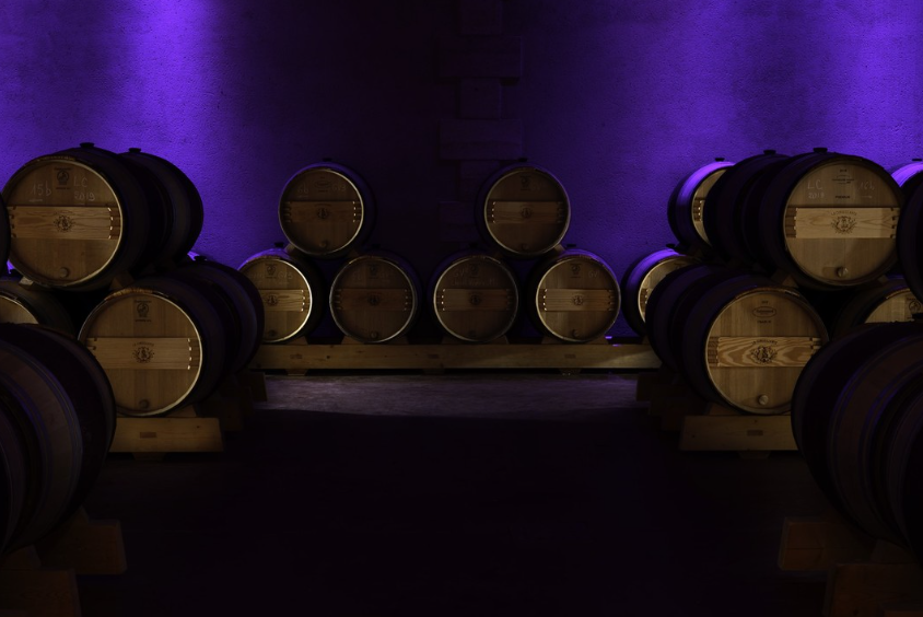 Wine barrels arranged in a dimly lit cellar with purple accent lighting, creating a serene and luxurious wine-aging environment.