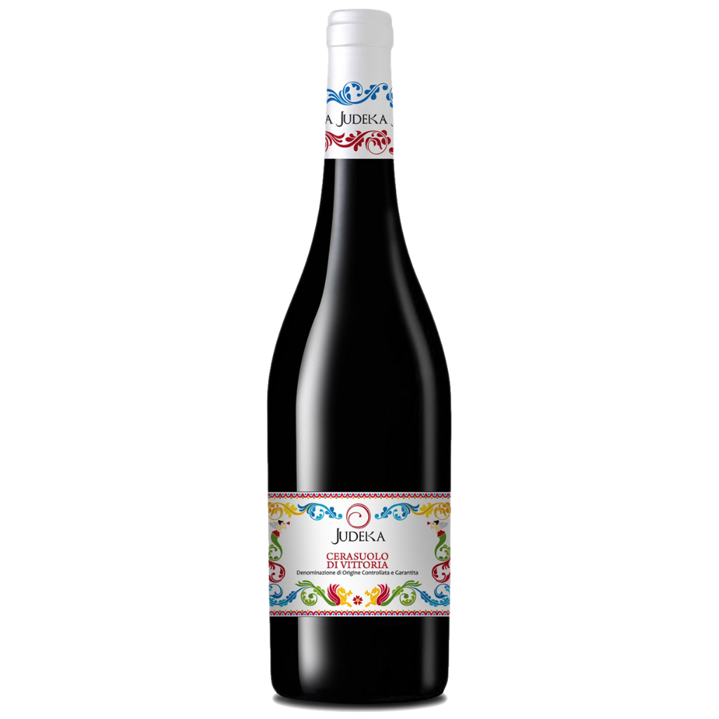 Bottle of Judeka Cerasuolo di Vittoria, a vibrant Sicilian red wine with decorative label design.