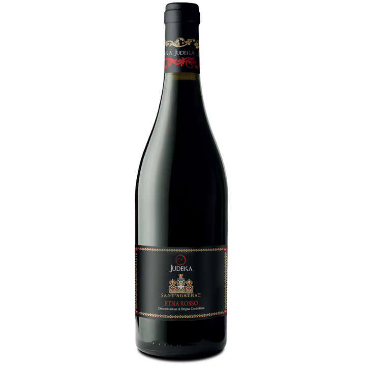 A bottle of Judeka Sant'Agathae Etna Rosso wine, featuring a black label with gold and red accents, showcasing its premium Sicilian origin.