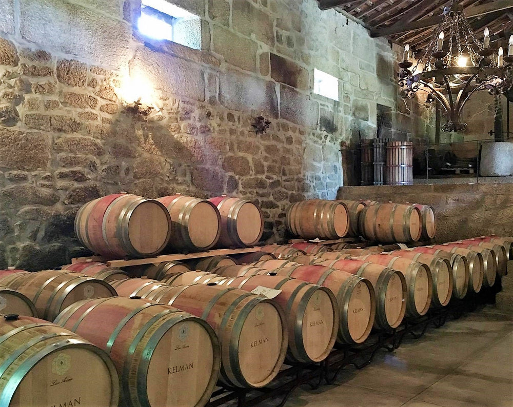 Barrel aging cellar at Kelman Family Vineyards, showcasing traditional oak barrels under warm lighting in a stone-walled environment.