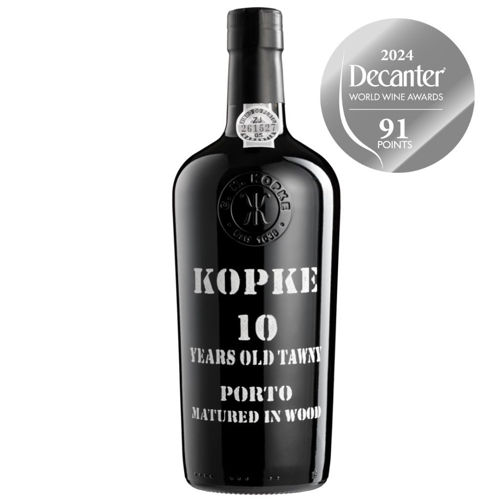 Kopke 10 Years Old Tawny Porto bottle with 2024 Decanter World Wine Awards silver badge for 91 points.