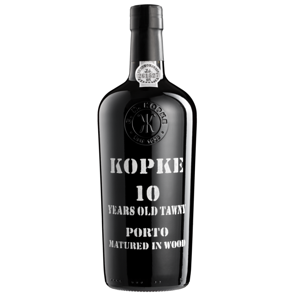 Kopke 10 Years Old Tawny Porto bottle, matured in wood with elegant design.