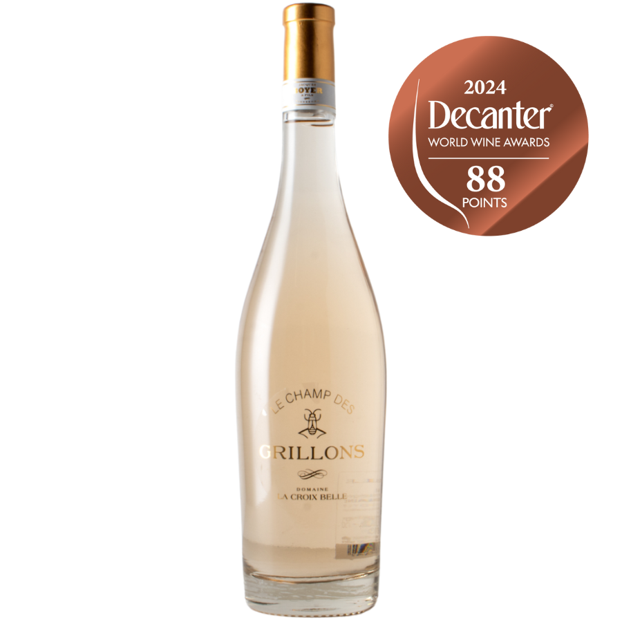 La Croix Belle Champ des Grillons rosé wine bottle with Decanter 88 Points award badge.