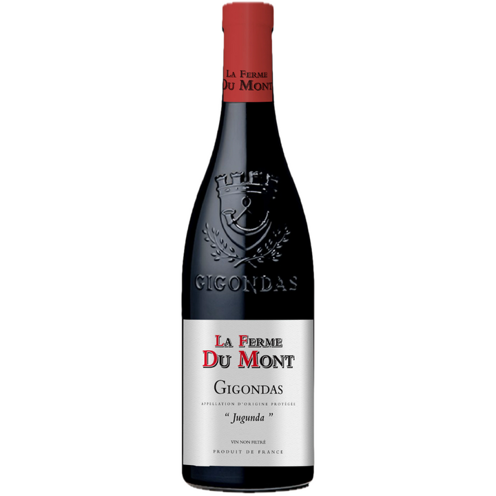 Bottle of La Ferme Du Mont Gigondas Jugunda red wine with embossed crest and red foil on a white background.