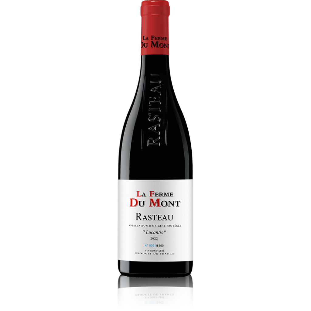 La Ferme du Mont Rasteau 2022 wine bottle featuring elegant embossed details and vibrant red accents, representing a high-quality Rhône Valley red wine.