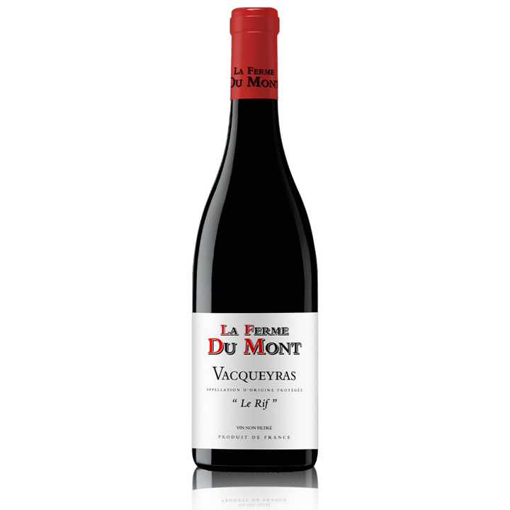 La Ferme du Mont Vacqueyras "Le Rif" 2022 wine bottle with bold red and black design, showcasing a premium Rhône Valley red wine.