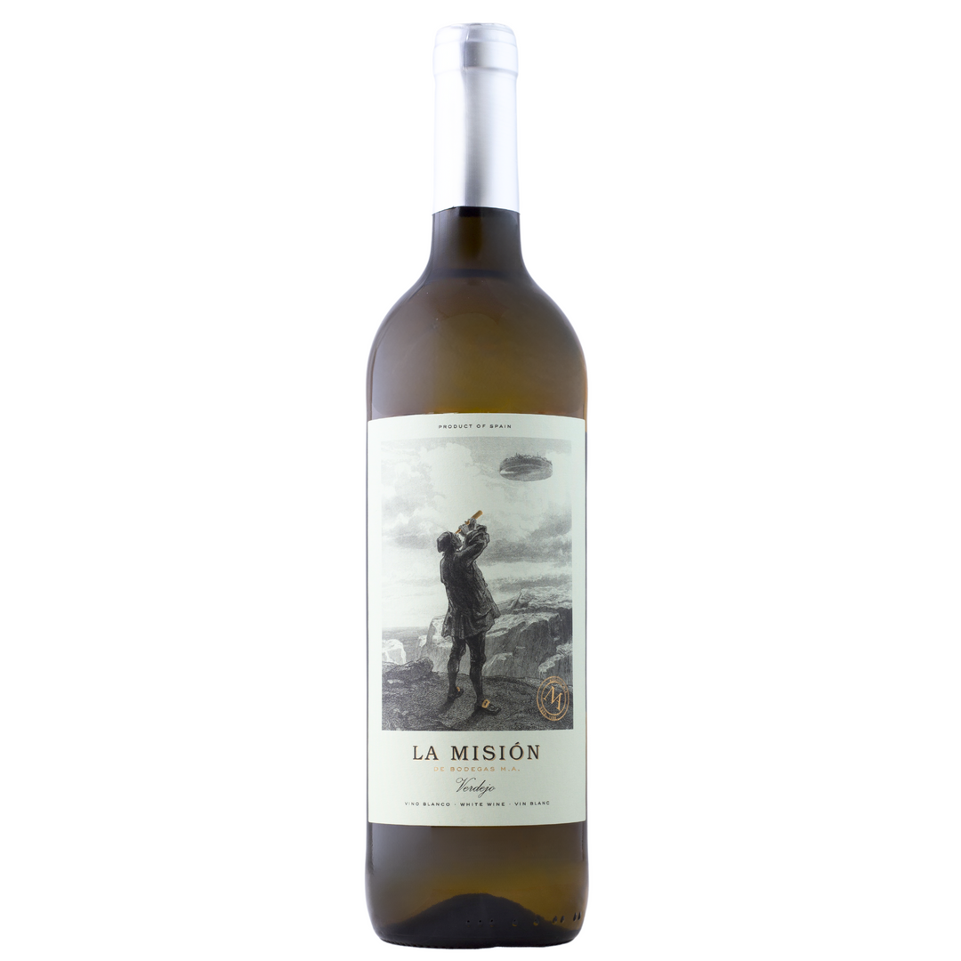 La Misión Verdejo wine bottle with elegant label, featuring a figure looking through a telescope.