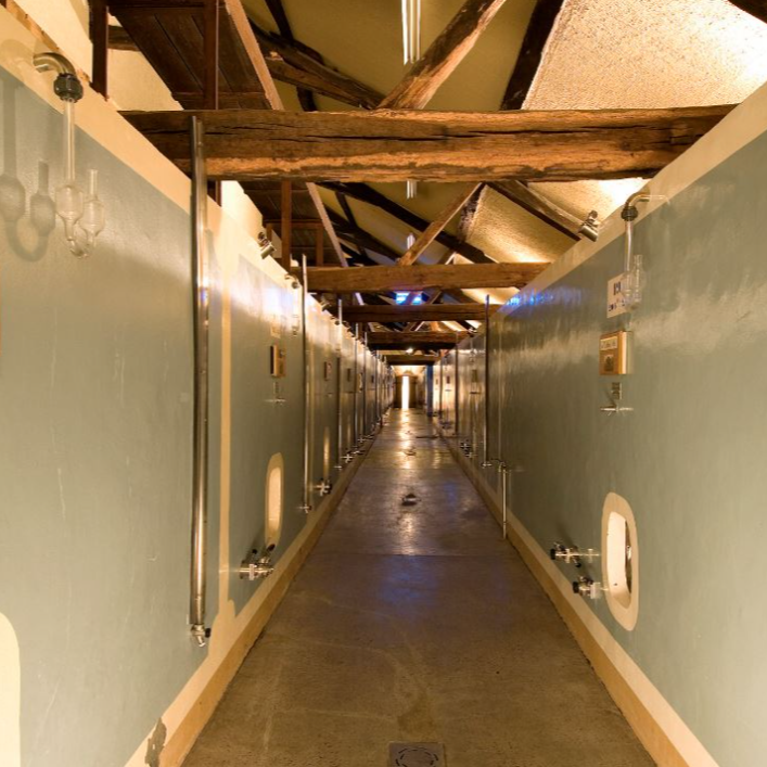 The wine fermentation cellar at Domaine de Ladoucette, featuring traditional fermentation tanks along a corridor with exposed wooden beams.