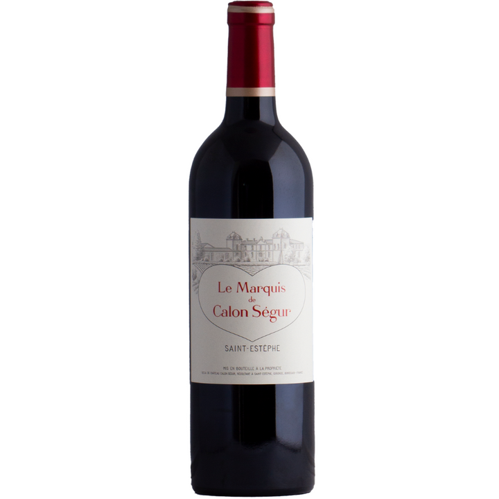 A bottle of Le Marquis de Calon Ségur from Saint-Estèphe, featuring its signature heart-emblazoned label.