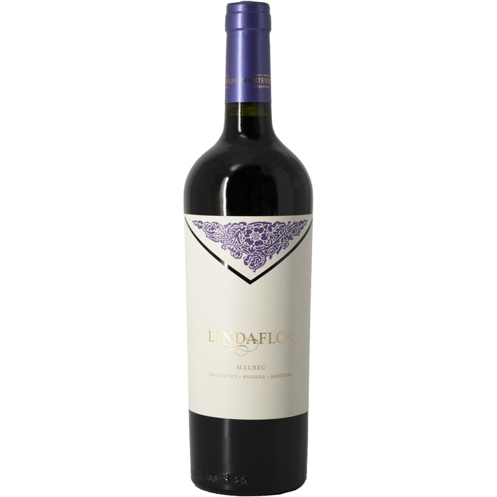 A bottle of Linda Flor Malbec from Valle de Uco, Mendoza, Argentina, featuring an elegant label with intricate purple detailing.