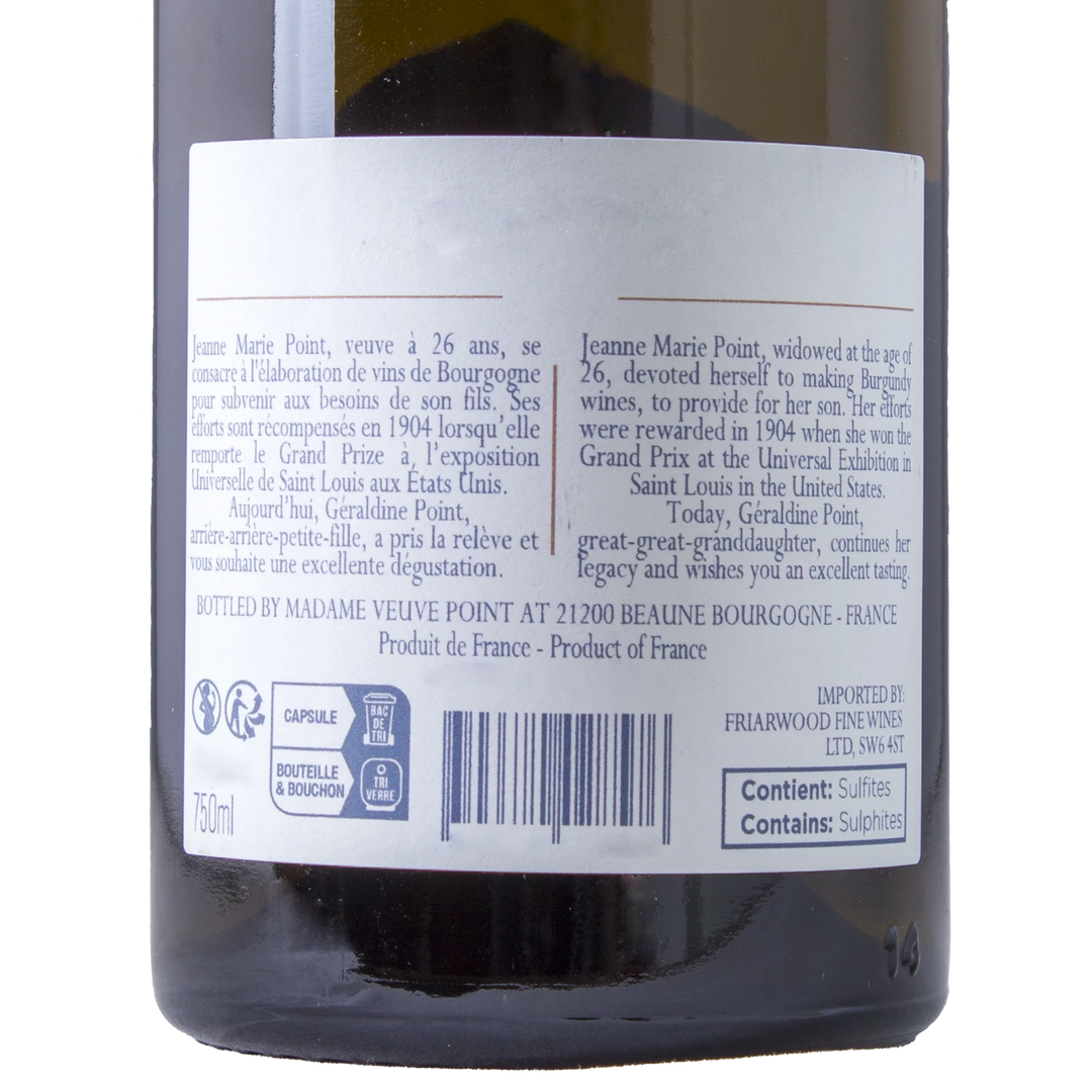 Back label of Madame Veuve Point Rully Blanc wine, showing detailed product information.