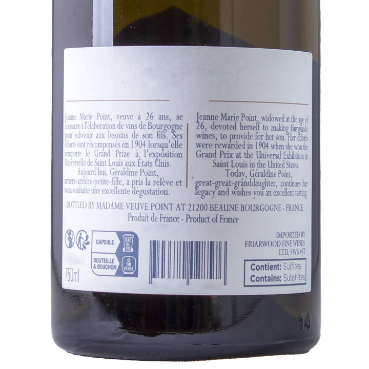 Back label of Madame Veuve Point Rully Blanc wine, showing detailed product information.